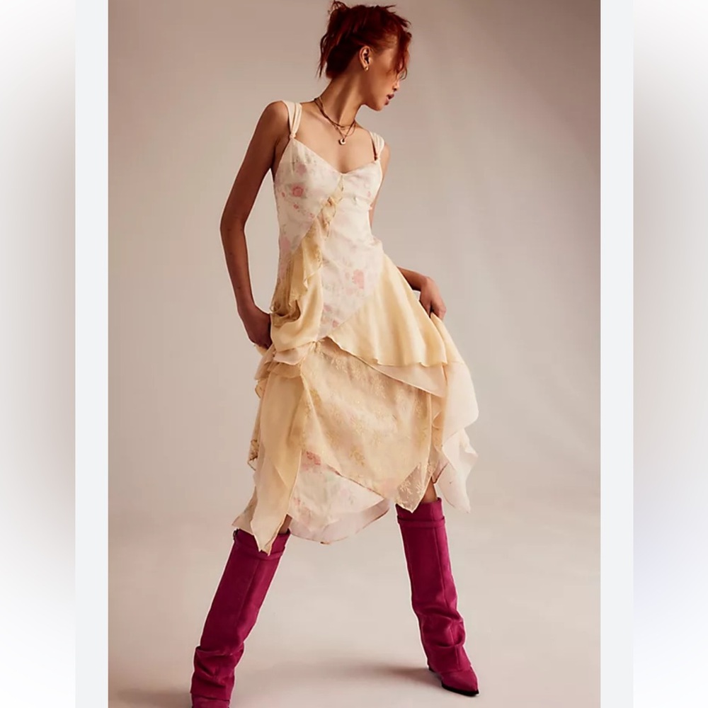 Free People Laughlin Vintage Lace Ruffles Mixed Printed Asymmetrical Dress nwt